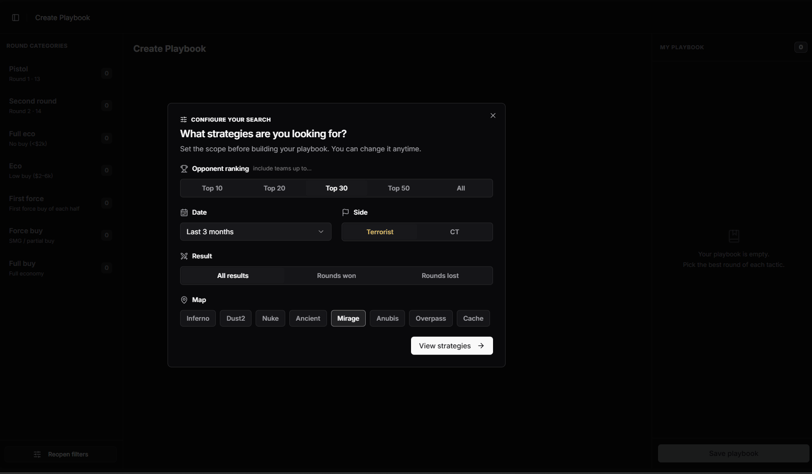 Browsing top-team tactics by category in Create Playbook