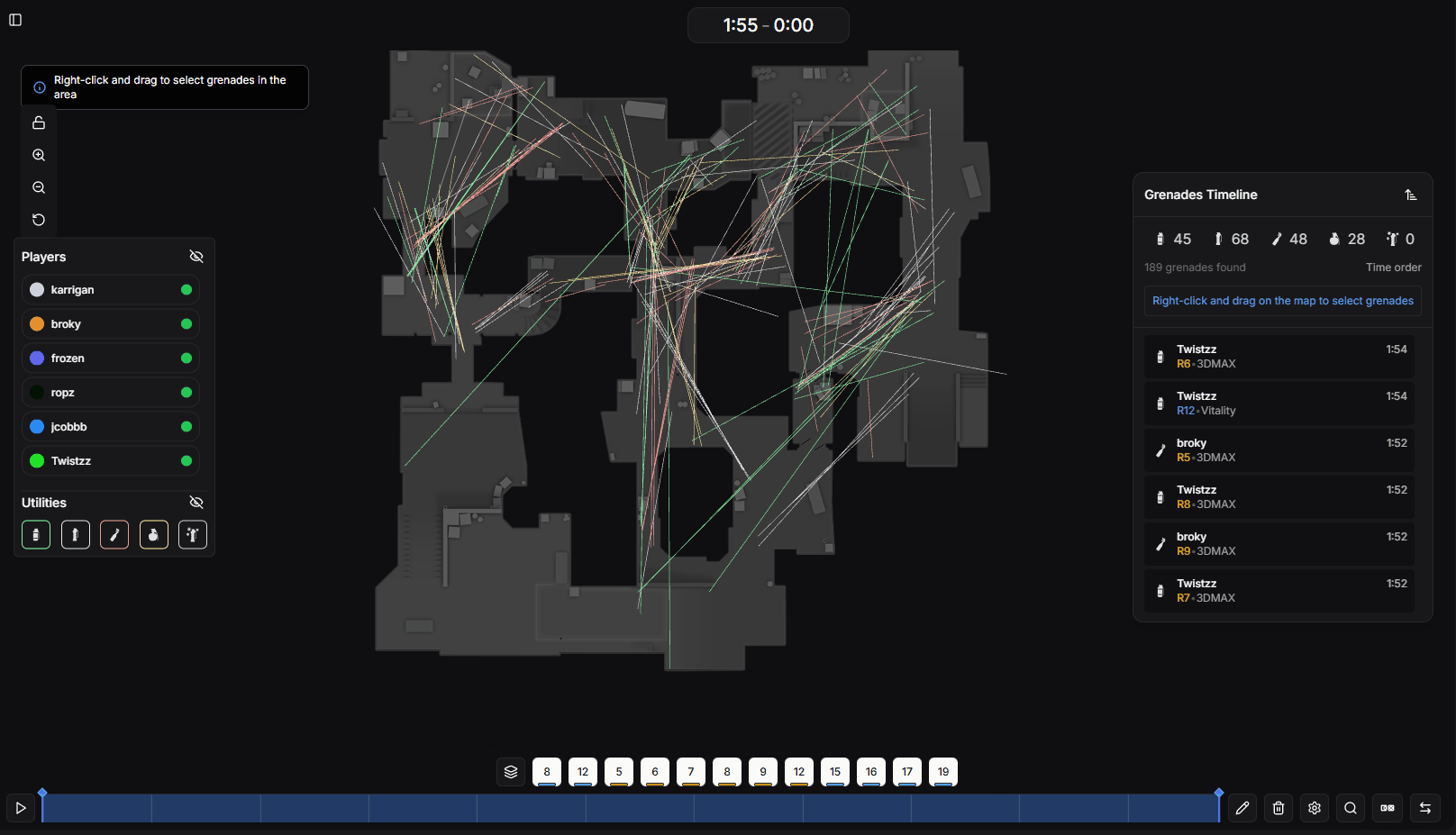 Grenade control panel with filtering options